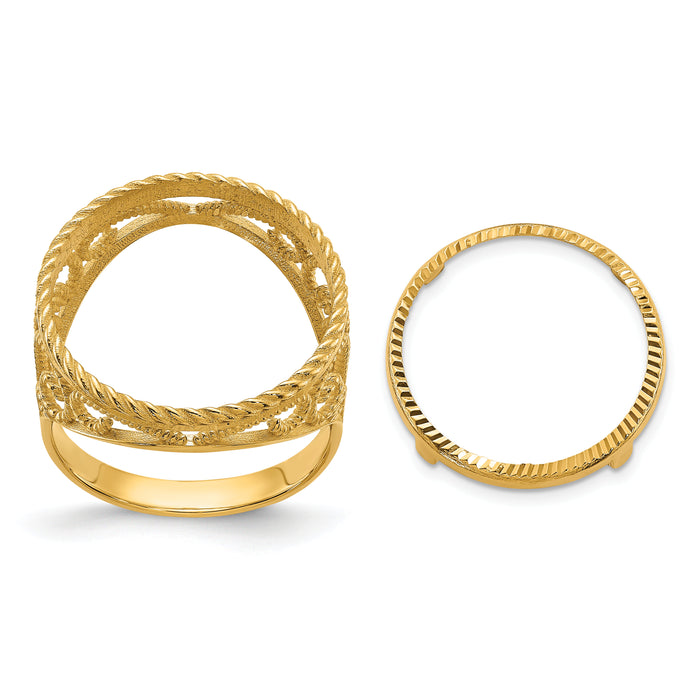 14k Ladies' D/C & Twisted Wire Scroll Design 16.5mm Coin Bezel Ring-CR11D/10AE