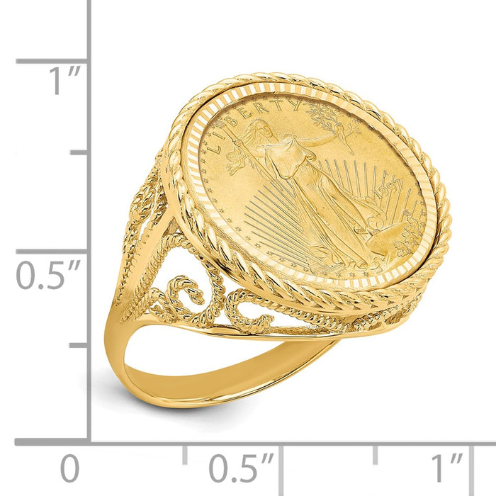 Wideband Distinguished Coin Jewelry 14k Ladies' Polished Diamond-cut and Twisted Wire Scroll Design Mounted 1/10oz American Eagle Coin Bezel Ring-CR11D/10AEC