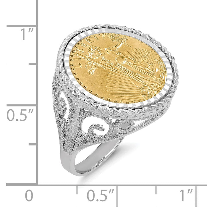 Wideband Distinguished Coin Jewelry 14k White Gold Ladies' Polished Diamond-cut and Twisted Wire Scroll Design Mounted 1/10oz American Eagle Coin Bezel Ring-CR11WD/10AEC