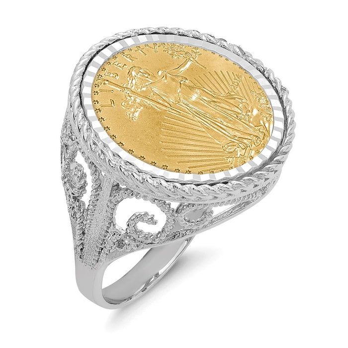 Wideband Distinguished Coin Jewelry 14k White Gold Ladies' Polished Diamond-cut and Twisted Wire Scroll Design Mounted 1/10oz American Eagle Coin Bezel Ring-CR11WD/10AEC