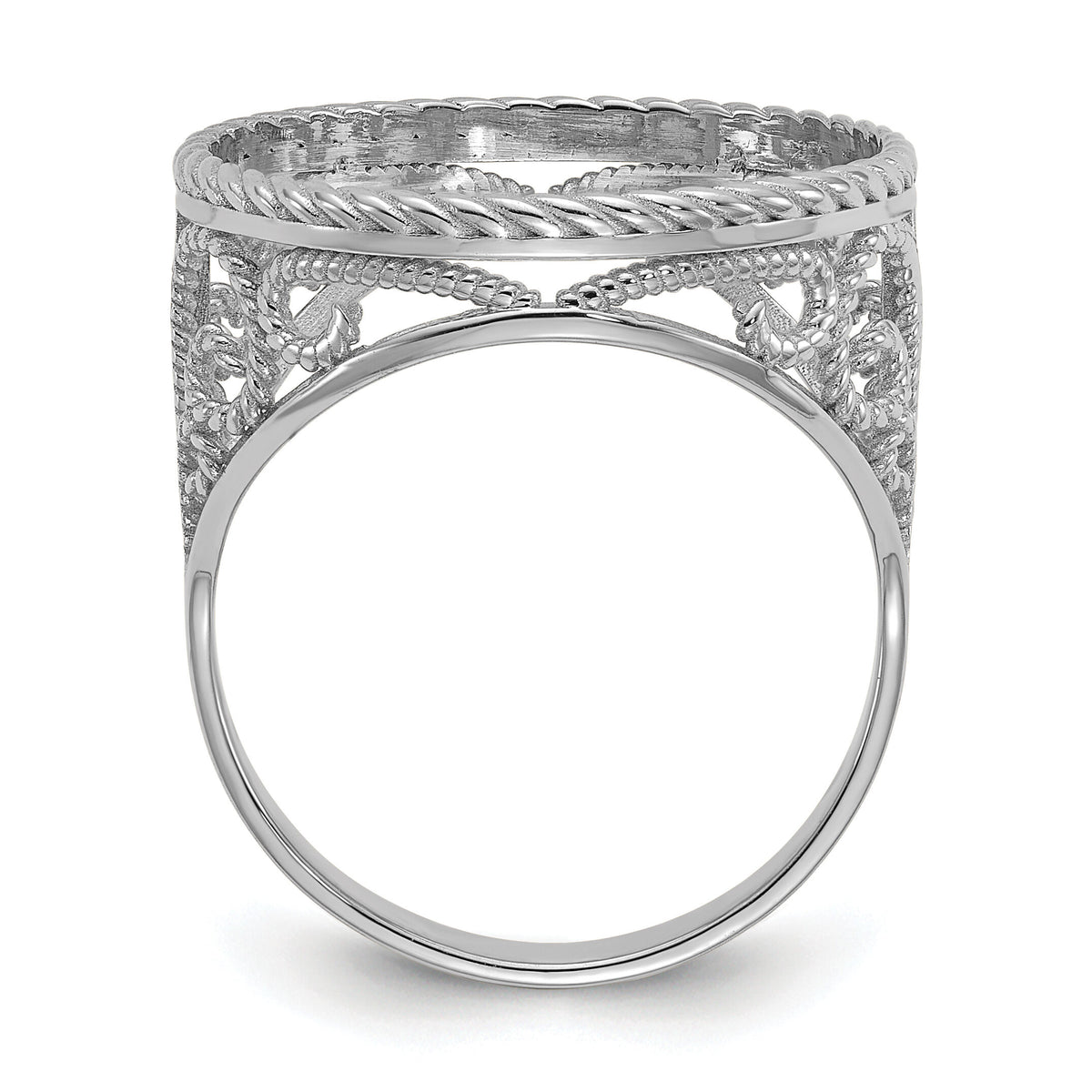 14kw Ladies' Polished & Twisted Wire Scroll Design 16.5mm Coin Bezel Ring-CR11W/10AE