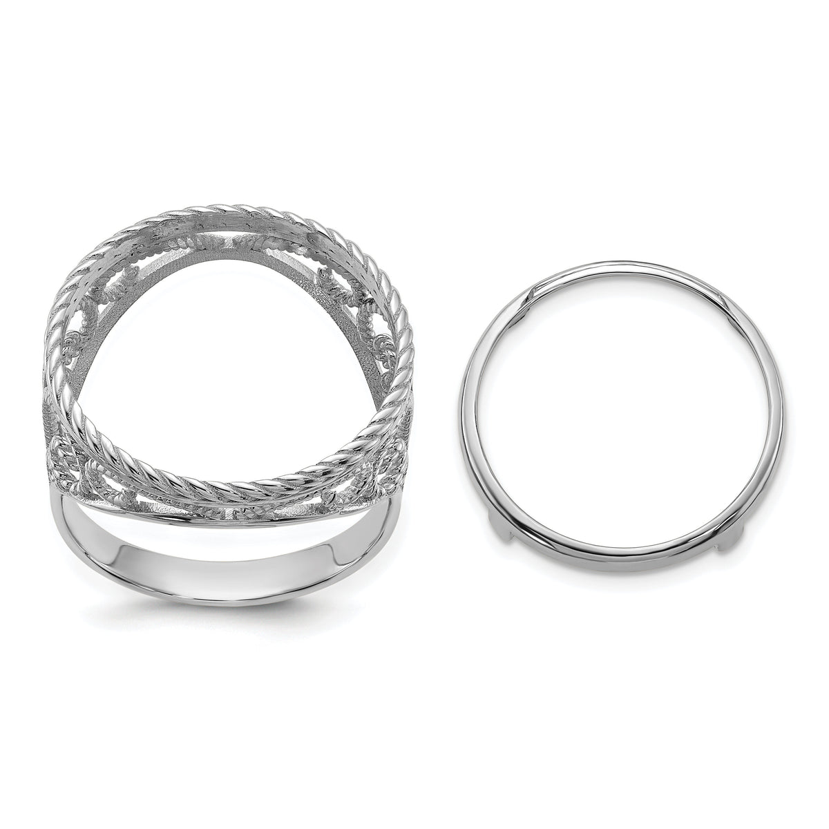 14kw Ladies' Polished & Twisted Wire Scroll Design 16.5mm Coin Bezel Ring-CR11W/10AE
