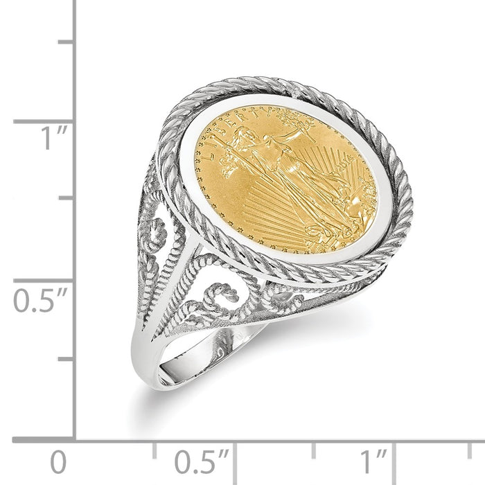 Wideband Distinguished Coin Jewelry 14k White Gold Ladies' Polished and Twisted Wire Scroll Design Mounted 1/10oz American Eagle Coin Bezel Ring-CR11W/10AEC