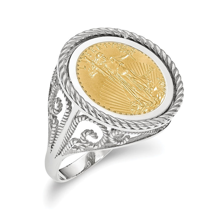 Wideband Distinguished Coin Jewelry 14k White Gold Ladies' Polished and Twisted Wire Scroll Design Mounted 1/10oz American Eagle Coin Bezel Ring-CR11W/10AEC