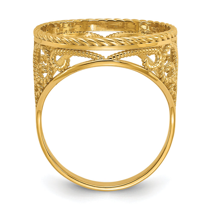 14k Ladies' Polished & Twisted Wire Scroll Design 16.5mm Coin Bezel Ring-CR11/10AE