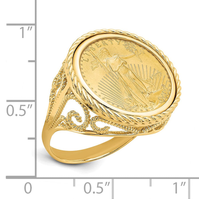 Wideband Distinguished Coin Jewelry 14k Ladies' Polished and Twisted Wire Scroll Design Mounted 1/10oz American Eagle Coin Bezel Ring-CR11/10AEC
