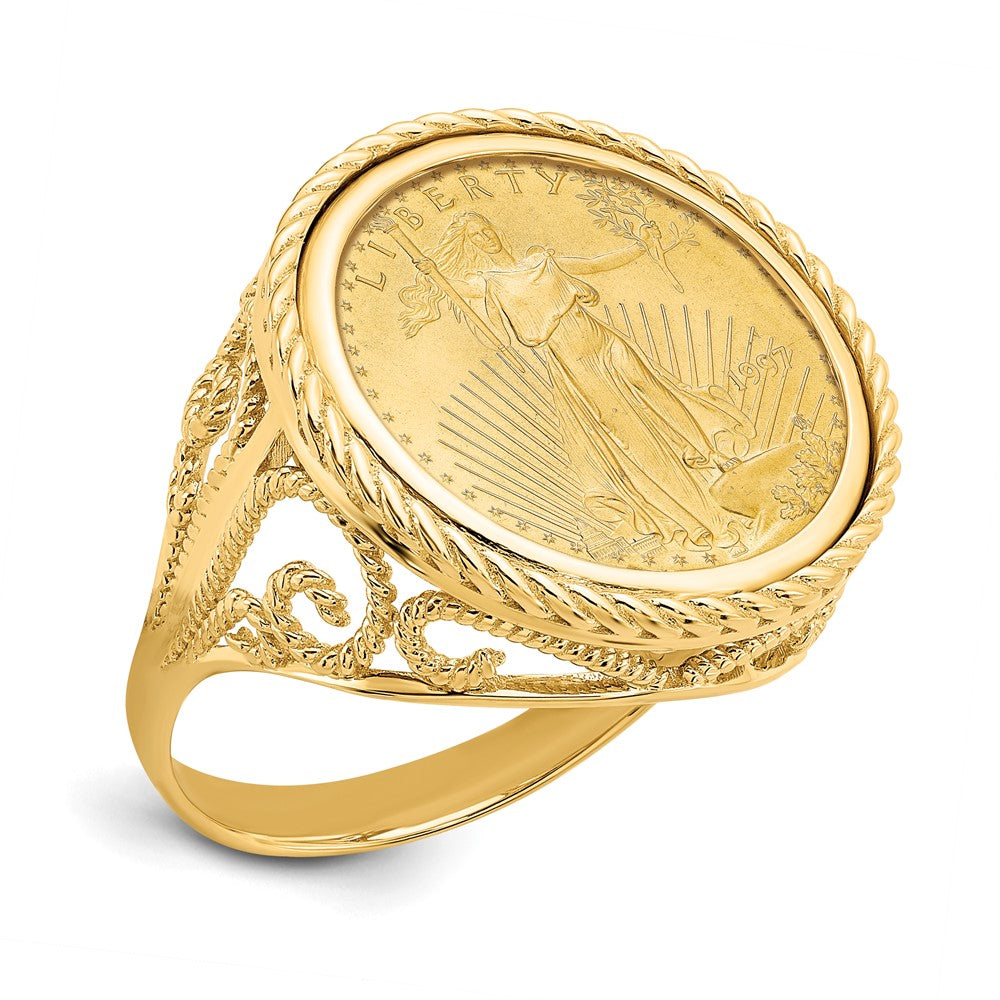 Wideband Distinguished Coin Jewelry 14k Ladies' Polished and Twisted Wire Scroll Design Mounted 1/10oz American Eagle Coin Bezel Ring-CR11/10AEC