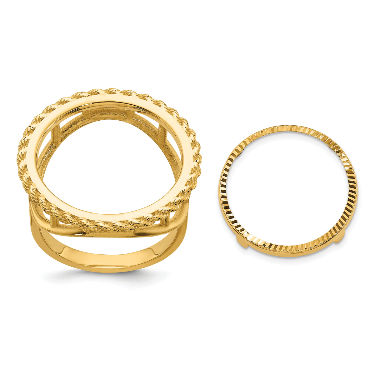 14k Ladies' Polished Textured D/C Rope Edge 16.5mm Coin Bezel Ring-CR14D/10AE