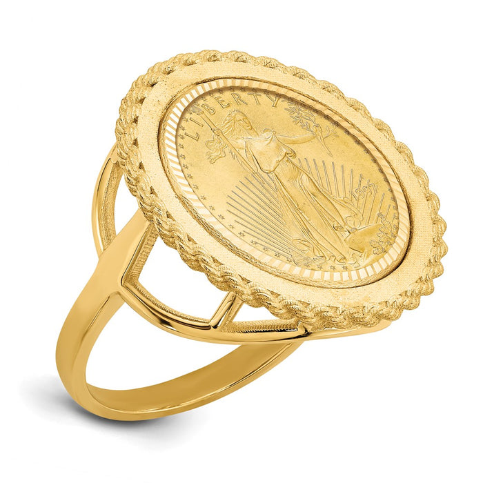 Wideband Distinguished Coin Jewelry 14k Ladies' Polished Textured and Diamond-cut Rope Edge Mounted 1/10oz American Eagle Coin Bezel Ring-CR14D/10AEC