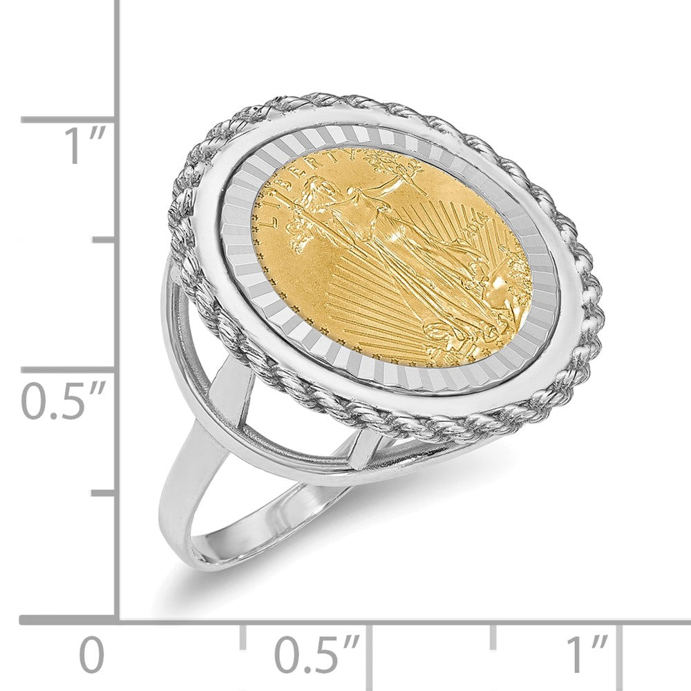 Wideband Distinguished Coin Jewelry 14k White Gold Ladies' Polished Textured and Diamond-cut Rope Edge Mounted 1/10oz American Eagle Coin Bezel Ring-CR14WD/10AEC