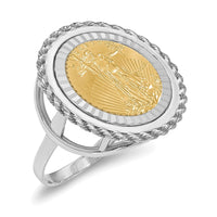 Wideband Distinguished Coin Jewelry 14k White Gold Ladies' Polished Textured and Diamond-cut Rope Edge Mounted 1/10oz American Eagle Coin Bezel Ring-CR14WD/10AEC