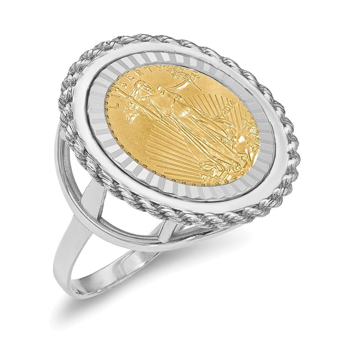 Wideband Distinguished Coin Jewelry 14k White Gold Ladies' Polished Textured and Diamond-cut Rope Edge Mounted 1/10oz American Eagle Coin Bezel Ring-CR14WD/10AEC