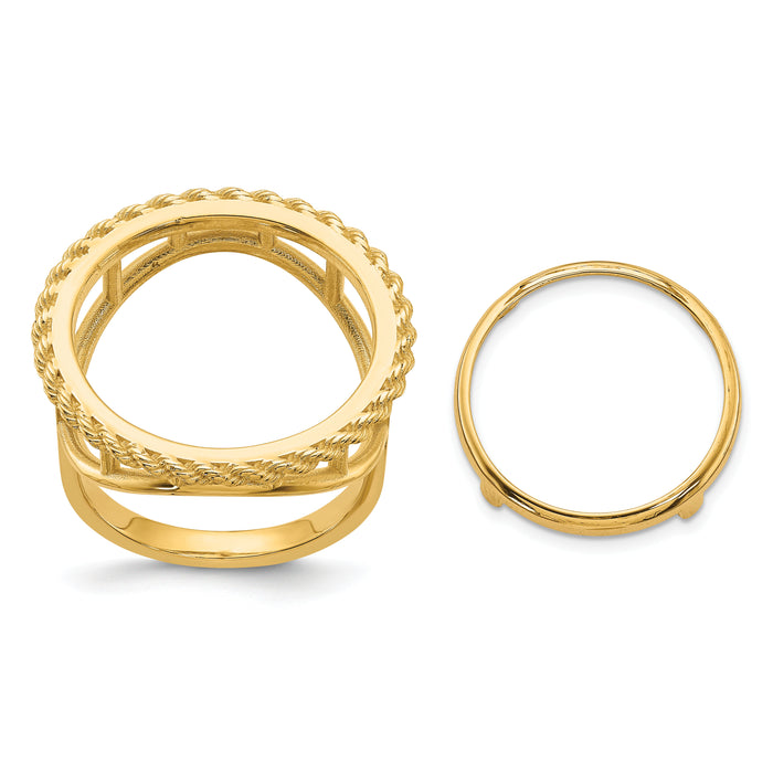 14k Ladies' Polished and Textured Rope Edge 16.5mm Coin Bezel Ring-CR14/10AE