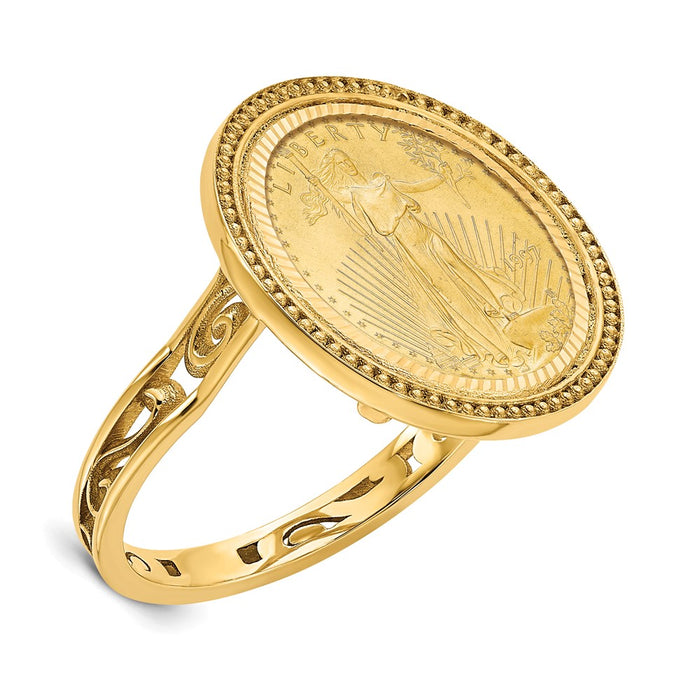Wideband Distinguished Coin Jewelry 14k Ladies' Polished and Diamond-cut with Filigree Sides and Beaded Top Mounted 1/10oz American Eagle Coin Bezel Ring-CR1D/10AEC