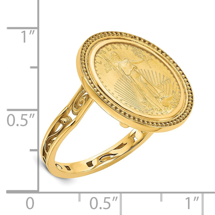 Wideband Distinguished Coin Jewelry 14k Ladies' Polished Filigree Sides and Beaded Top Mounted 1/10oz American Eagle Coin Bezel Ring-CR1/10AEC