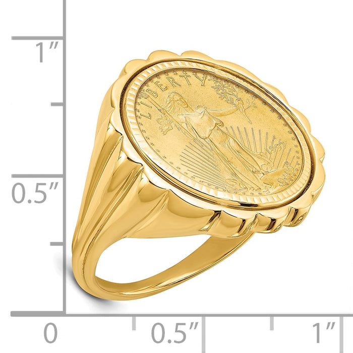 Wideband Distinguished Coin Jewelry 14k Ladies' Polished and Diamond-cut Fluted Mounted 1/10oz American Eagle Coin Bezel Ring-CR3D/10AEC