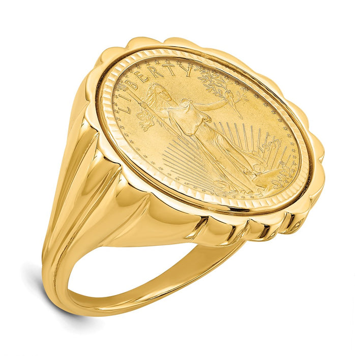 Wideband Distinguished Coin Jewelry 14k Ladies' Polished and Diamond-cut Fluted Mounted 1/10oz American Eagle Coin Bezel Ring-CR3D/10AEC