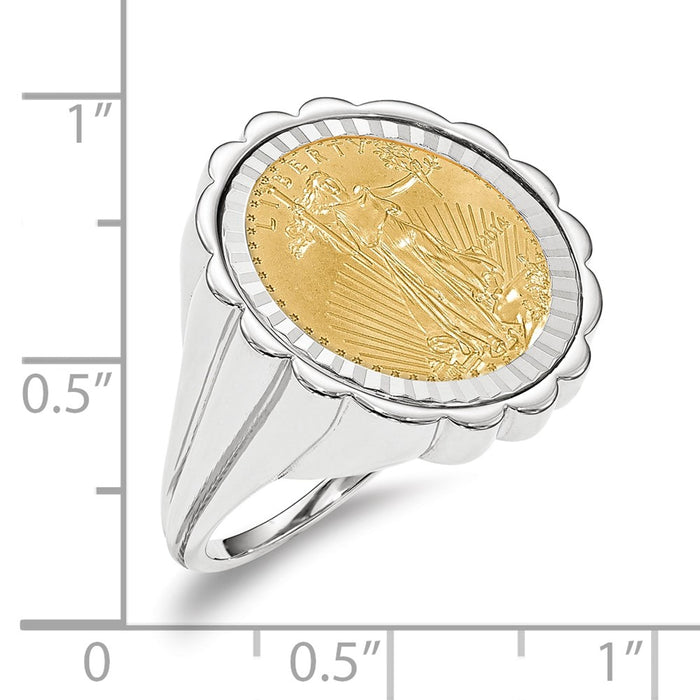 Wideband Distinguished Coin Jewelry 14k White Gold Ladies' Polished and Diamond-cut Fluted Mounted 1/10oz American Eagle Coin Bezel Ring-CR3WD/10AEC