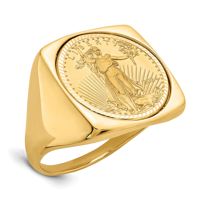 14k Men's Polished D/C Square Mounted 1/10oz AM Eagle Coin Bezel Ring-CR4D/10AEC