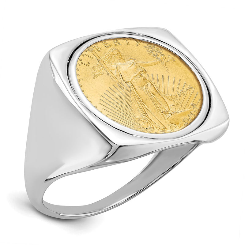 Wideband Distinguished Coin Jewelry 14k White Gold Men's Polished Square Shaped Mounted 1/10oz American Eagle Coin Bezel Ring-CR4W/10AEC