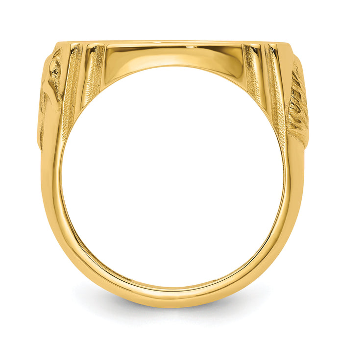 14k Men's Polished & Diamond-cut w/ Horse Sides 16.5mm Coin Bezel Ring-CR5D/10AE