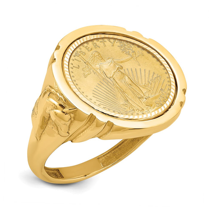 Wideband Distinguished Coin Jewelry 14k Polished and Diamond-cut with Horse Sides Mounted 1/10oz American Eagle Coin Bezel Ring-CR5D/10AEC