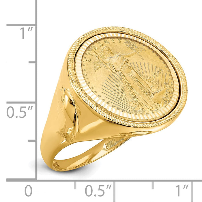 Wideband Distinguished Coin Jewelry 14k Men's Polished Textured and Diamond-cut with Eagle Side Mounted 1/10oz American Eagle Coin Bezel Ring-CR6D/10AEC