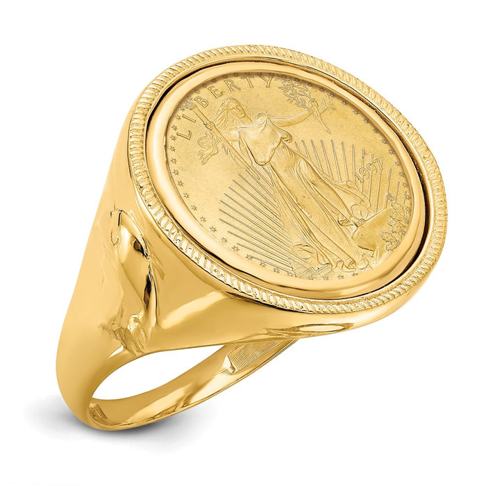 Wideband Distinguished Coin Jewelry 14k Men's Polished and Textured with Eagle Side Mounted 1/10oz American Eagle Coin Bezel Ring-CR6/10AEC