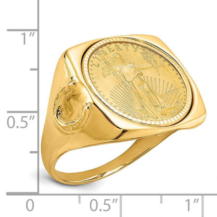 Wideband Distinguished Coin Jewelry 14k Men's Polished and Diamond-cut with Horseshoe Sides Square Shaped Mounted 1/10oz American Eagle Coin Bezel Ring-CR7D/10AEC