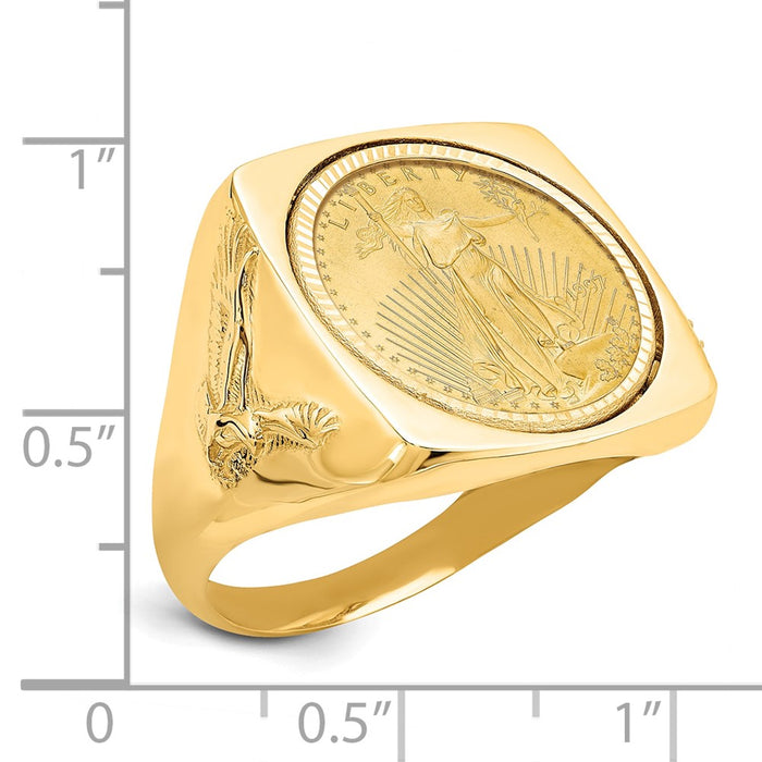 Wideband Distinguished Coin Jewelry 14k Men's Polished and Diamond-cut with Flying Eagle Side Square Shaped Mounted 1/10oz American Eagle Coin Bezel Ring-CR8D/10AEC