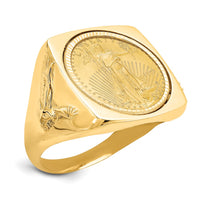 Wideband Distinguished Coin Jewelry 14k Men's Polished and Diamond-cut with Flying Eagle Side Square Shaped Mounted 1/10oz American Eagle Coin Bezel Ring-CR8D/10AEC