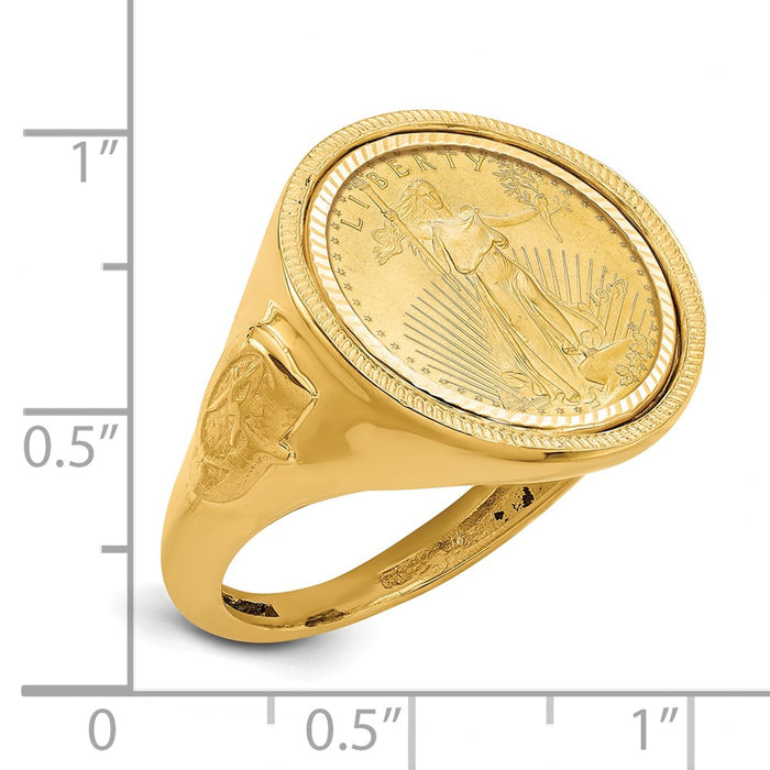 Wideband Distinguished Coin Jewelry 14k Men's Polished Textured and Diamond-cut with Masonic Sides Mounted 1/10oz American Eagle Coin Bezel Ring-CR9D/10AEC