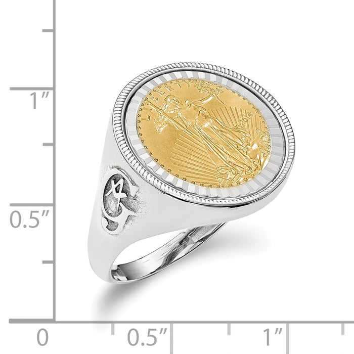 Wideband Distinguished Coin Jewelry 14k White Gold Men's Polished Textured and Diamond-cut with Masonic Sides Mounted 1/10oz American Eagle Coin Bezel Ring-CR9WD/10AEC