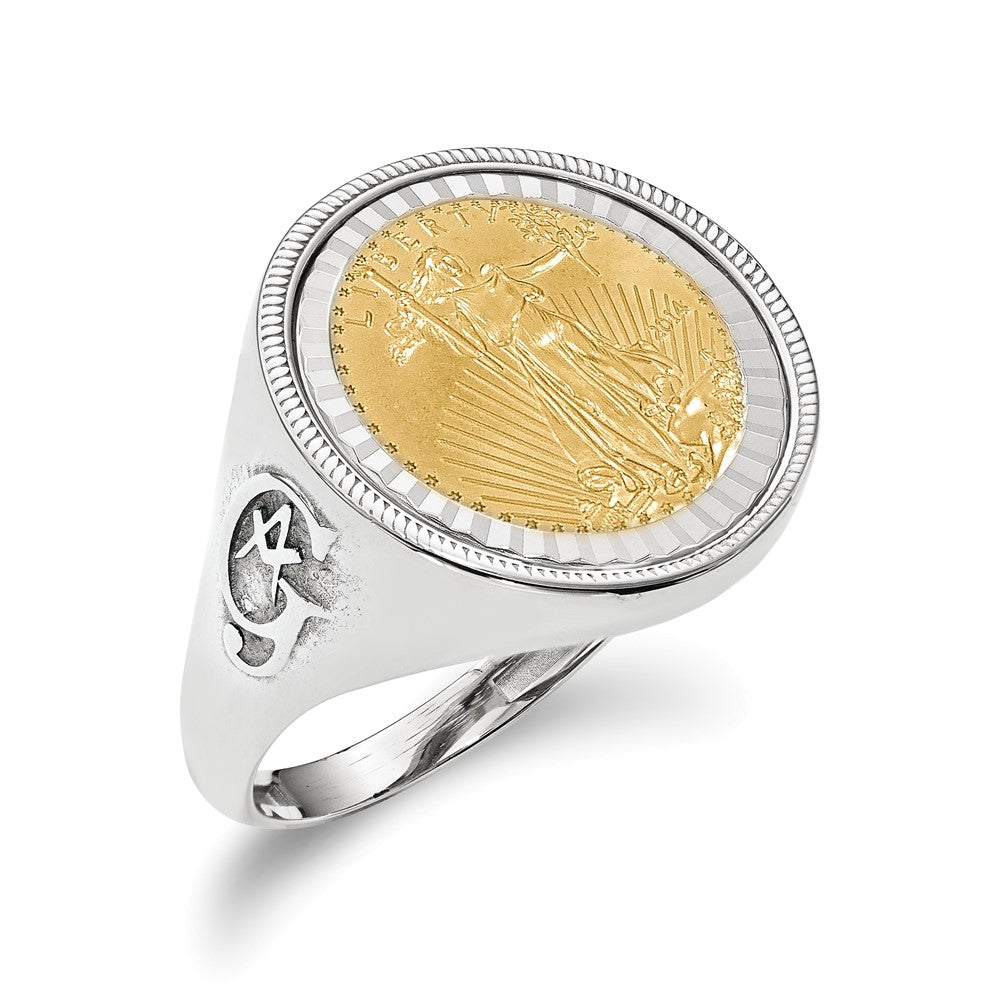 Wideband Distinguished Coin Jewelry 14k White Gold Men's Polished Textured and Diamond-cut with Masonic Sides Mounted 1/10oz American Eagle Coin Bezel Ring-CR9WD/10AEC