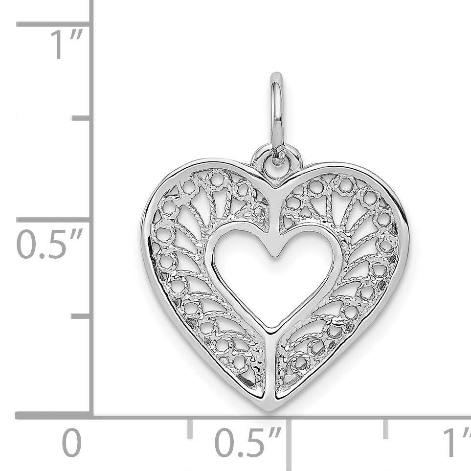 14k White Gold Solid Diamond-cut Fancy Filigree Heart Charm-D1060