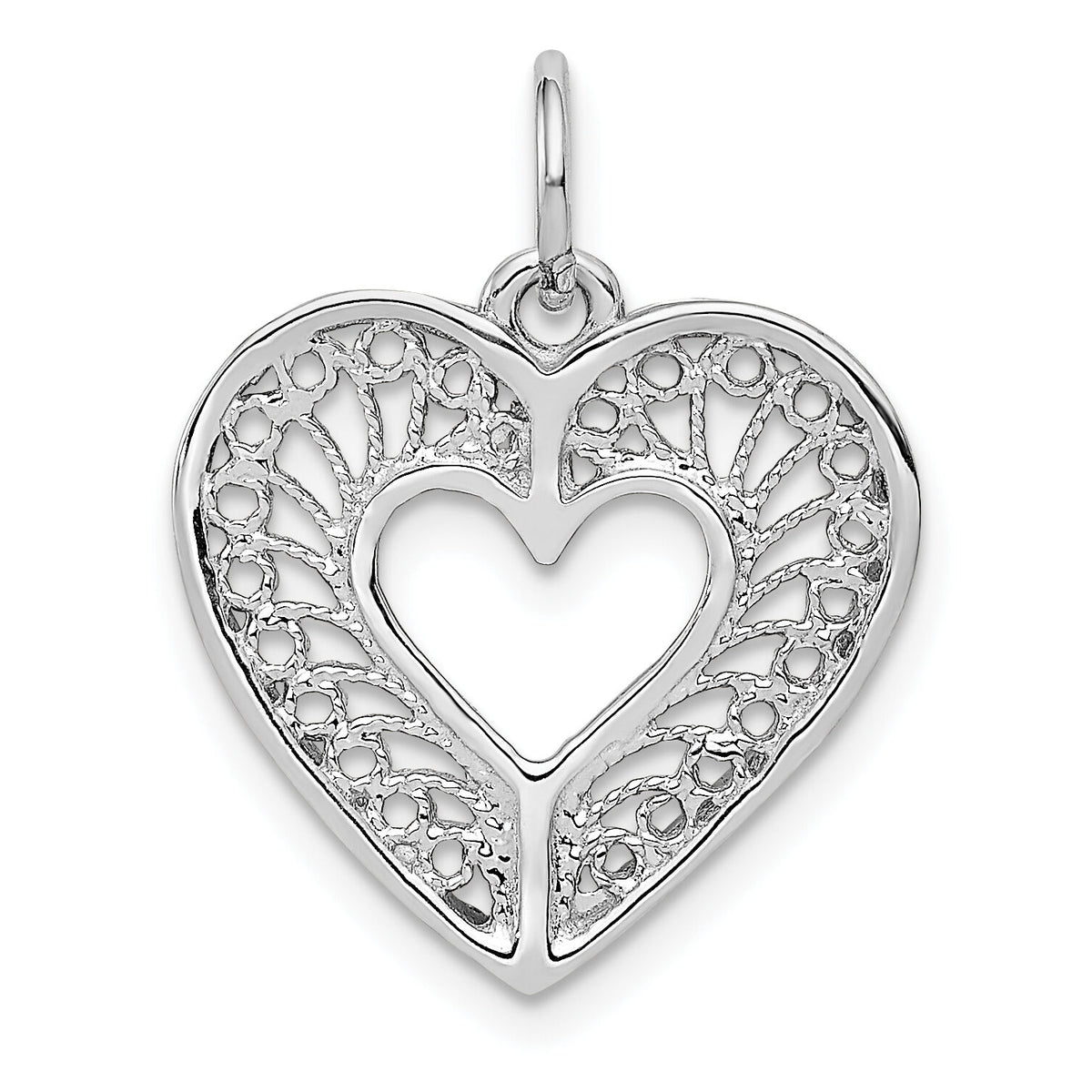 14k White Gold Solid Diamond-cut Fancy Filigree Heart Charm-D1060