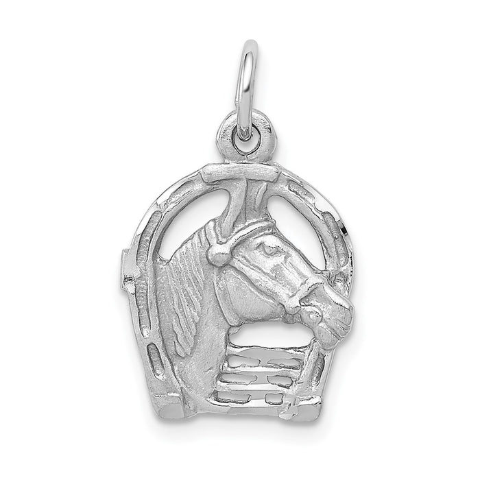 14k White Gold Diamond-cut Horse Head in Horseshoe Charm-D1103