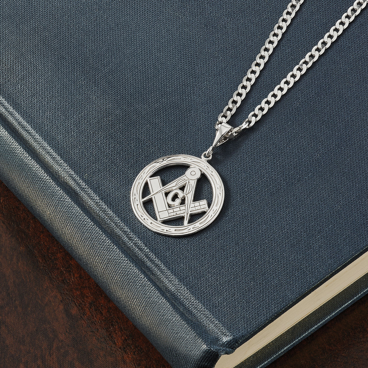 14k White Gold Polished & Textured Large Masonic Symbol Pendant-D1252