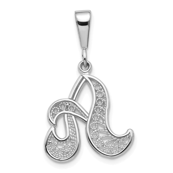 14KW White Gold Solid Polished Script Filigree Letter A Initial Pendant-D1281A