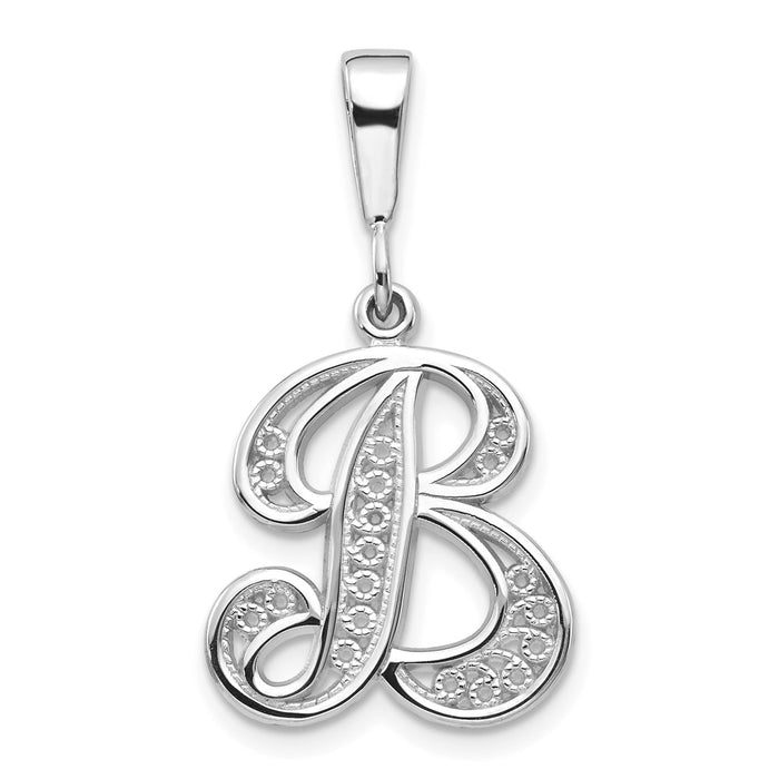 14KW White Gold Solid Polished Script Filigree Letter B Initial Pendant-D1281B