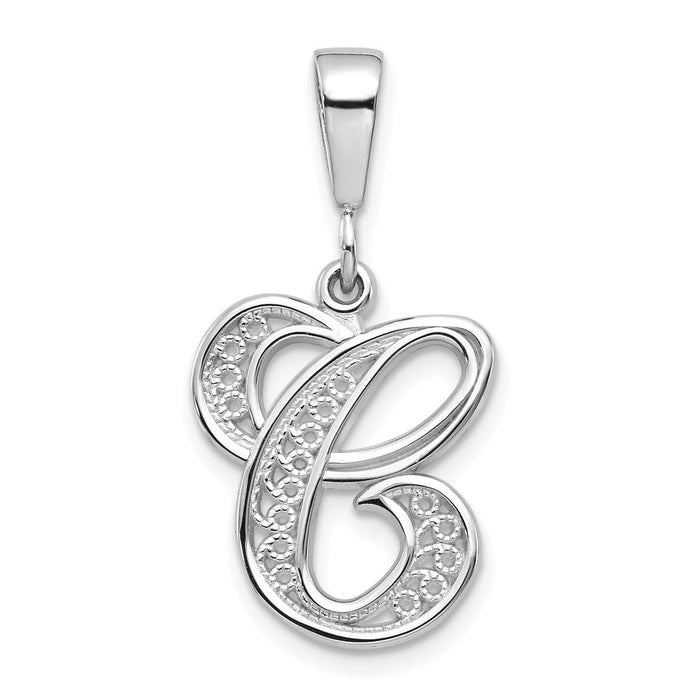 14KW White Gold Solid Polished Script Filigree Letter C Initial Pendant-D1281C