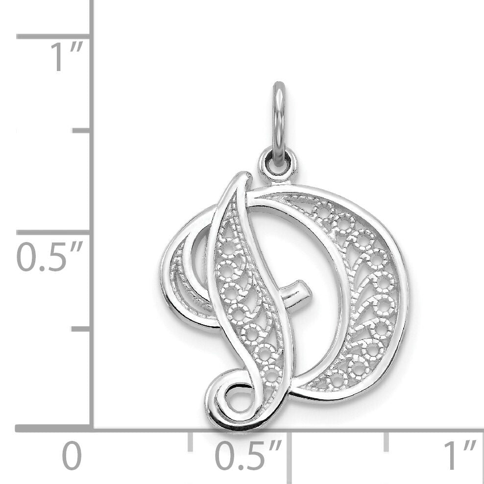 14KW White Gold Solid Polished Script Filigree Letter D Initial Pendant-D1281D