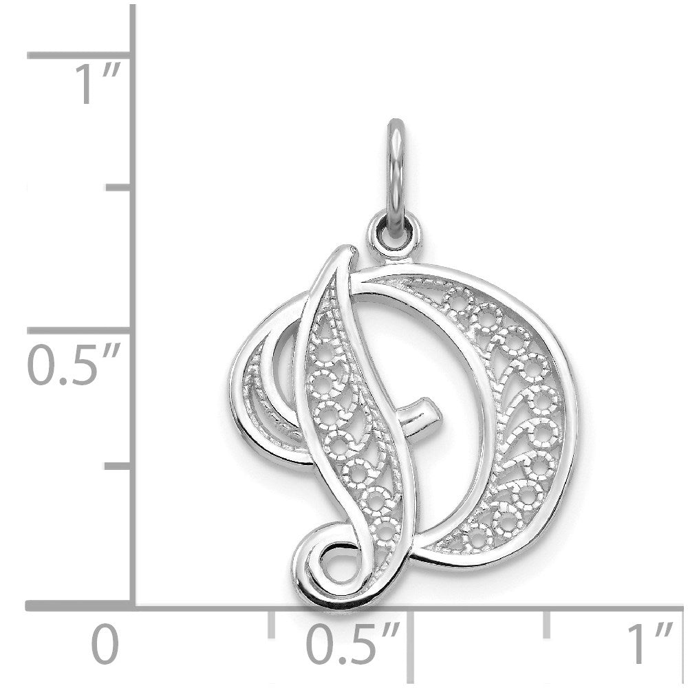 14KW White Gold Solid Polished Script Filigree Letter D Initial Pendant-D1281D