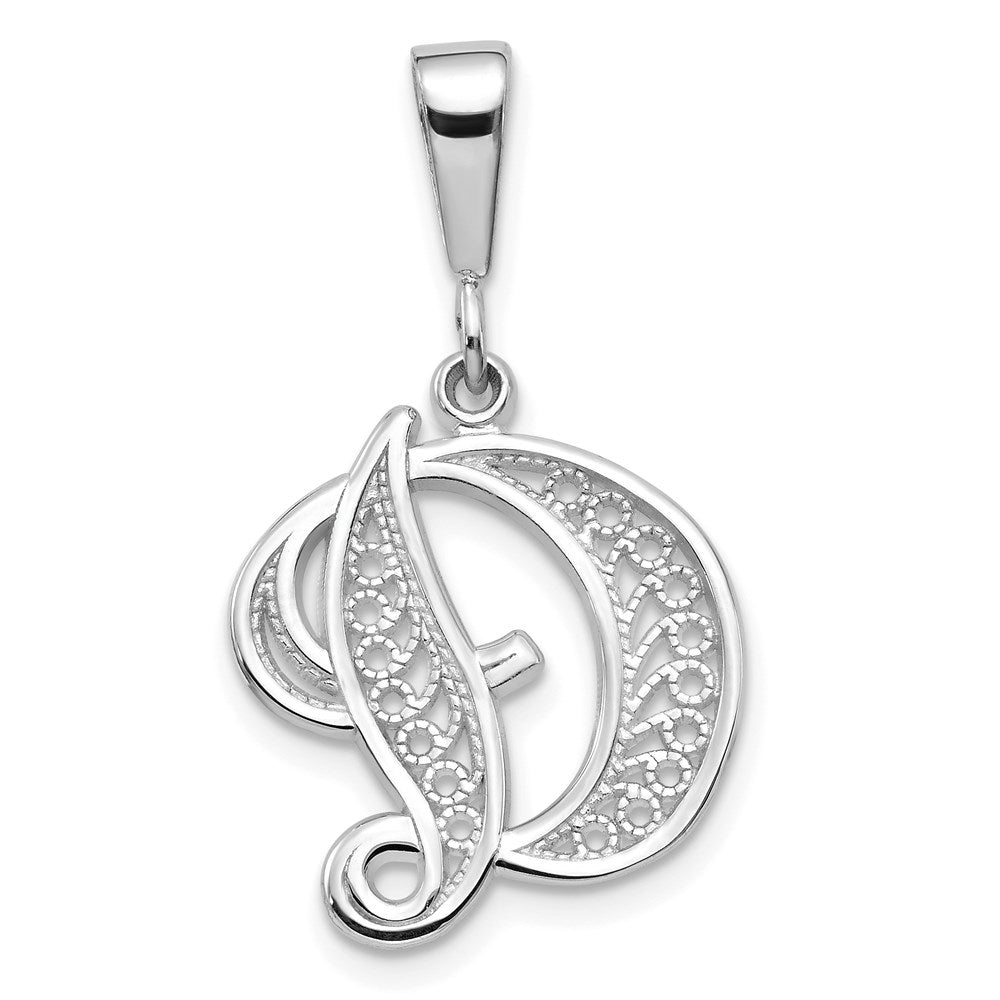 14KW White Gold Solid Polished Script Filigree Letter D Initial Pendant-D1281D