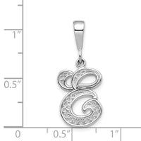 14KW White Gold Solid Polished Script Filigree Letter E Initial Pendant-D1281E