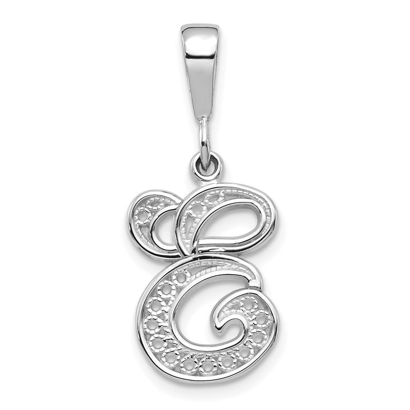 14KW White Gold Solid Polished Script Filigree Letter E Initial Pendant-D1281E