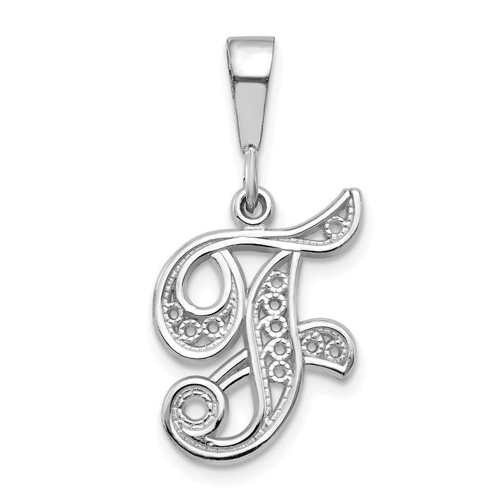 14KW White Gold Solid Polished Script Filigree Letter F Initial Pendant-D1281F