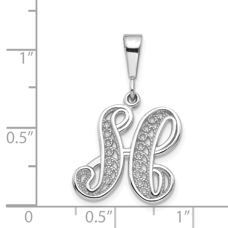 14KW White Gold Solid Polished Script Filigree Letter H Initial Pendant-D1281H