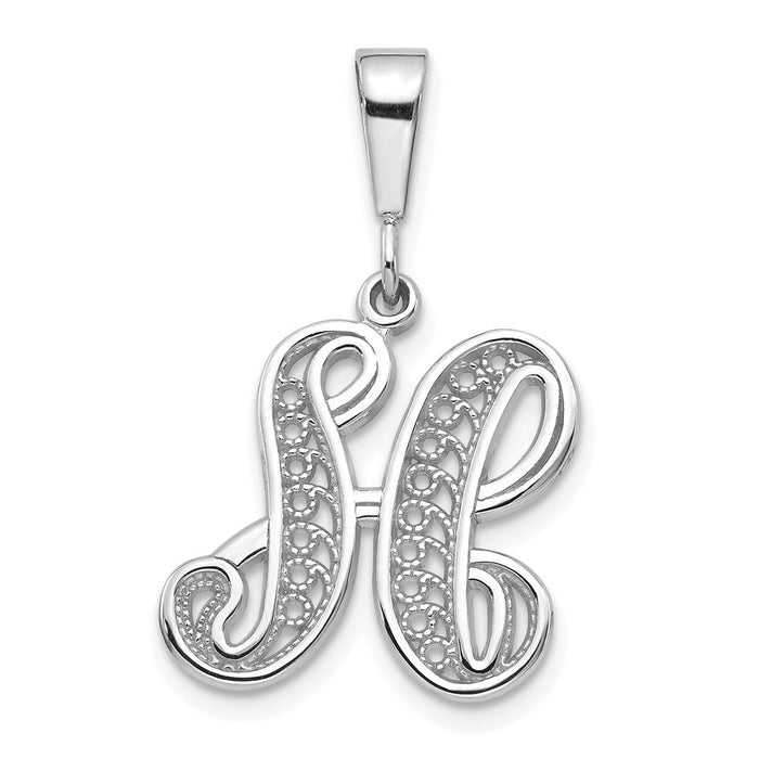 14KW White Gold Solid Polished Script Filigree Letter H Initial Pendant-D1281H