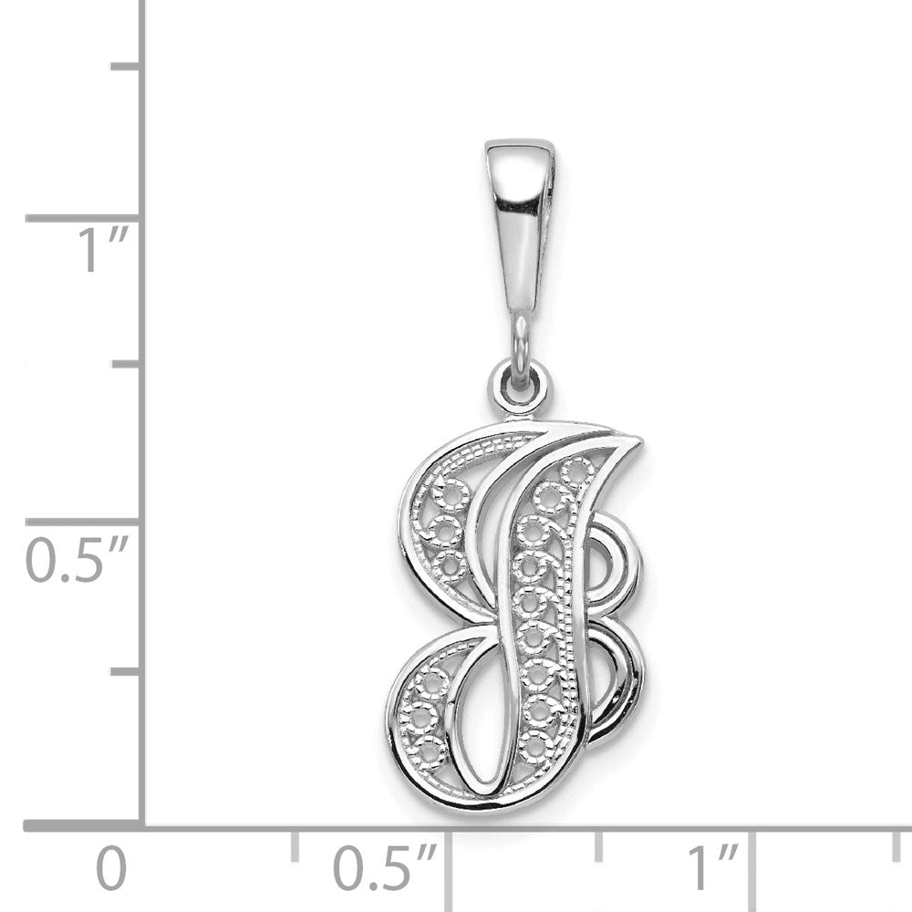 14KW White Gold Solid Polished Script Filigree Letter J Initial Pendant-D1281J